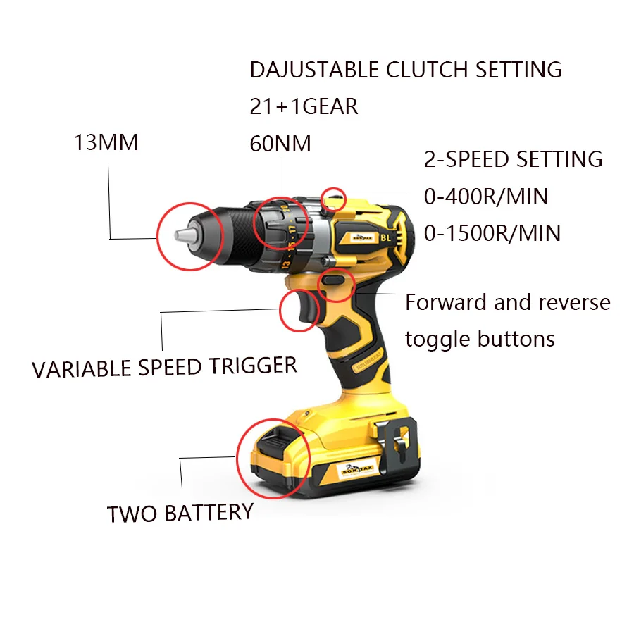 Good quality and powerful impact lithium electric drill 20v cordless brushless electric drill dual battery pack