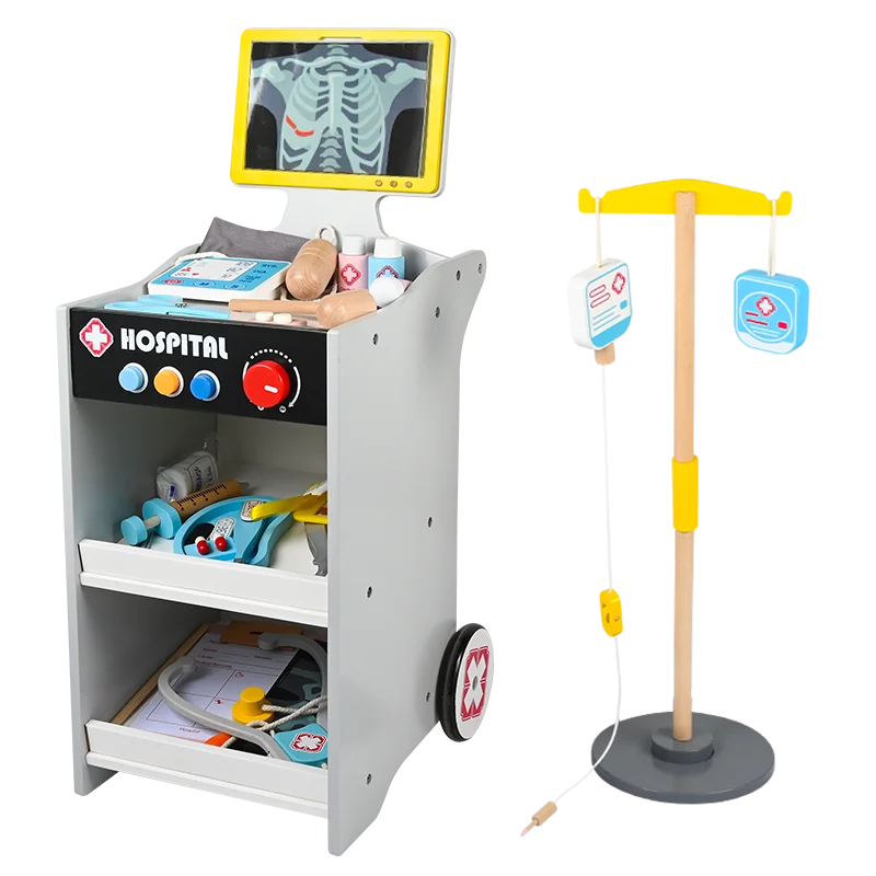 Wooden Children Doctor Play House Pet Medicine Box Medical Kit Hospital Simulation Doctor Toys Trolley Cart Set