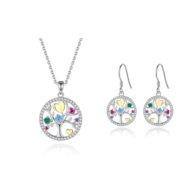Wholesale Bridal CZ Zircon Gold 925 Sterling Silver Necklace Women Jewelry Set Round Tree of Life Family Tree Necklace Earring