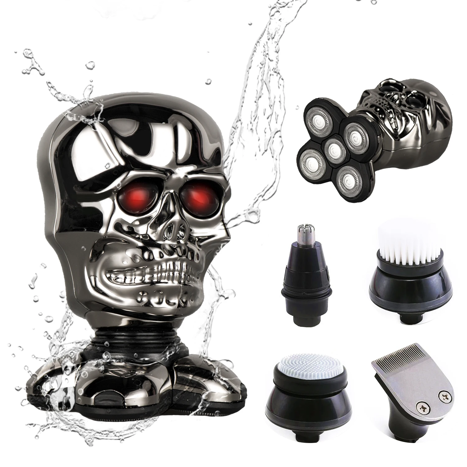 Halloween Skull Design 5 In 1 Floating Heads Beard Trimmer IPX7 Waterproof Bald Head Mens Electric Shaver