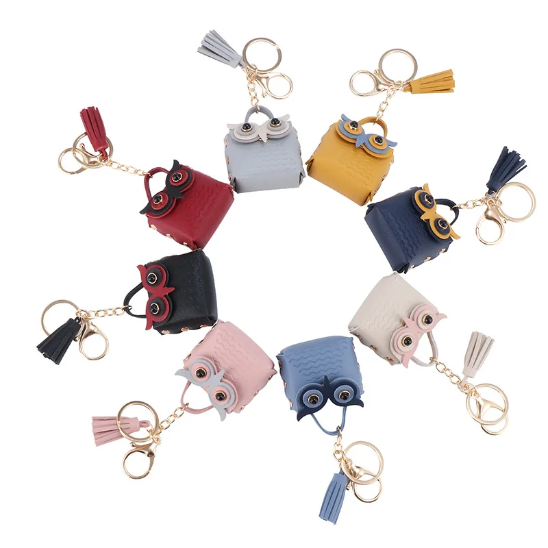 New Cute PU Leather Coin Purse Tassel Owl Bags Keychain Cartoon Animal Keyring Headset Protective Cover Custom Leather Keychain