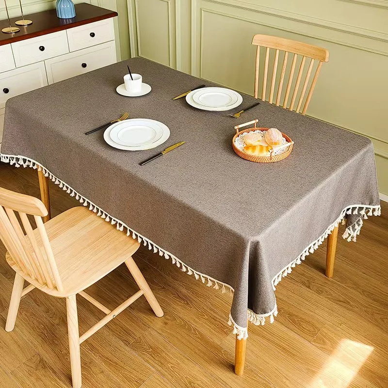 Cotton linen waterproof and oil-proof luxury atmosphere solid color tassel simple tablecloth