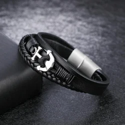 China Wholesale Braided Wrap Leather Mens Black Anchor Bracelet