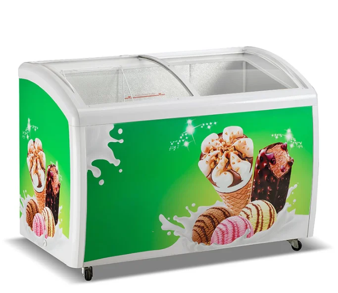 HIC display ice cream fridge commercial curved sliding glass door chest freezer