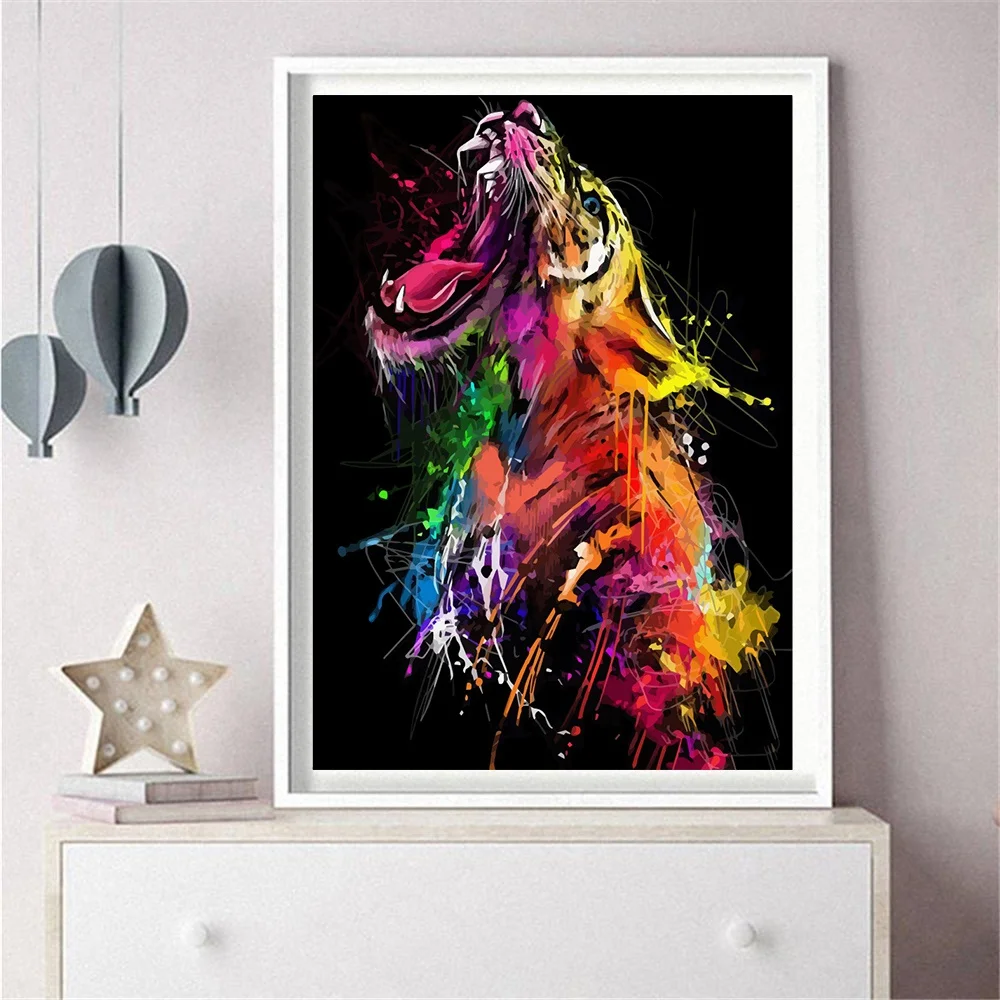 FIYO Color Tiger Oil Painting on Canvas Wall Art Posters and Prints Nordic Wall Picture for Living Room Home Decor