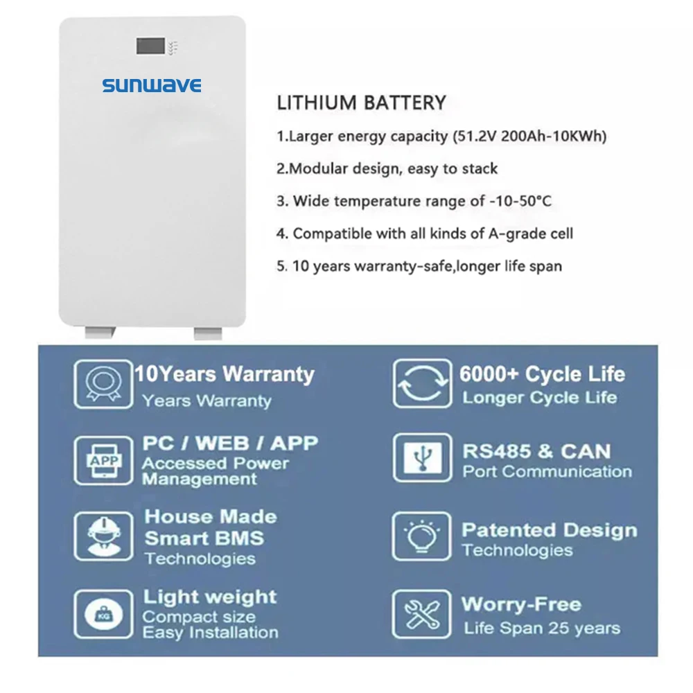 Sunwave оптовая продажа литий-ионный аккумулятор Lifepo4 51 2 В 200ah настенный на солнечной батарее