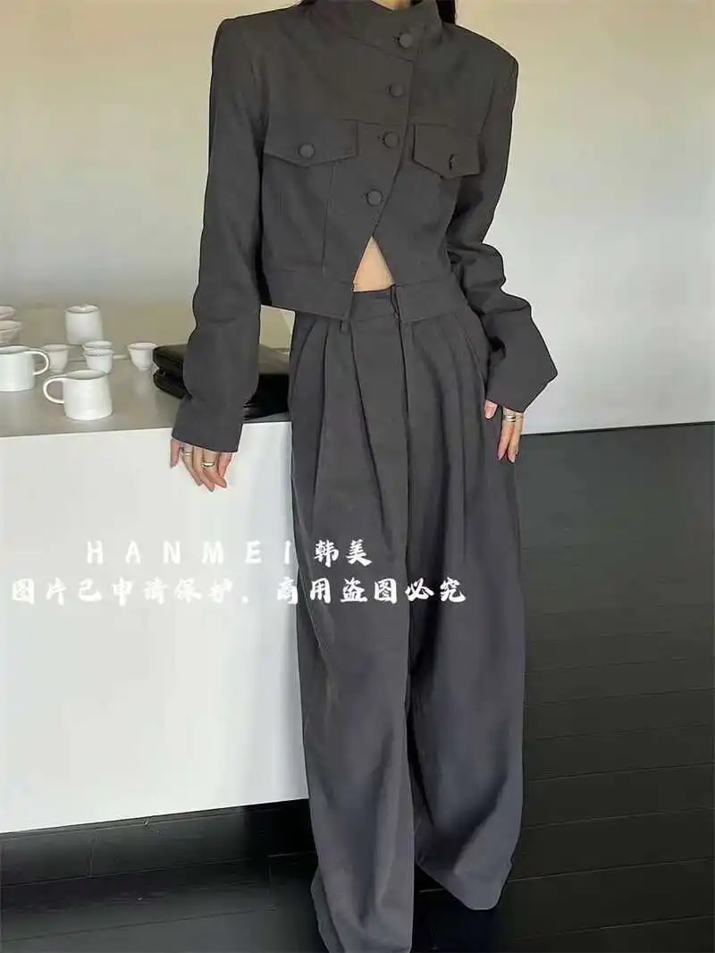 2024 Autumn New Hong style fashion single-breasted stand collar coat wide leg pants suit