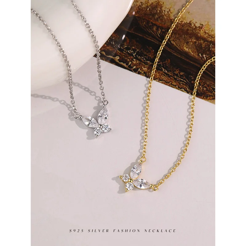 Women 18k Gold Plated Fine Jewelry 925 Sterling Silver Geometric Circle Water Drop Cubic Zirconia Butterfly Pendant Necklace