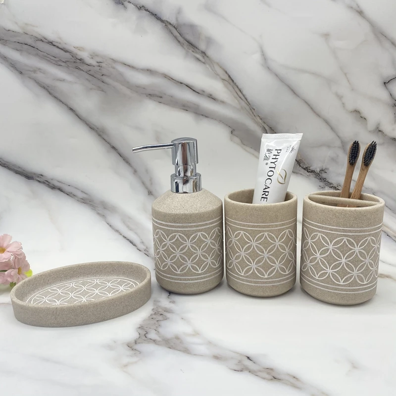 Popular Sandstone Resin Bathroom Accessories 4 Pieces Set For Home  and Hotel