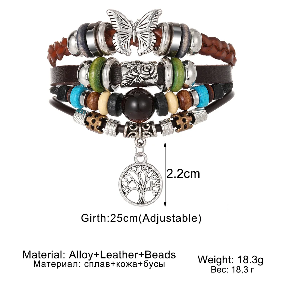 Assorted Vintage Punk Leather Bracelet  Cool Wooden Beads Cross Butterfly Leaf Feather Charm Leather Bracelets Couple Gifts