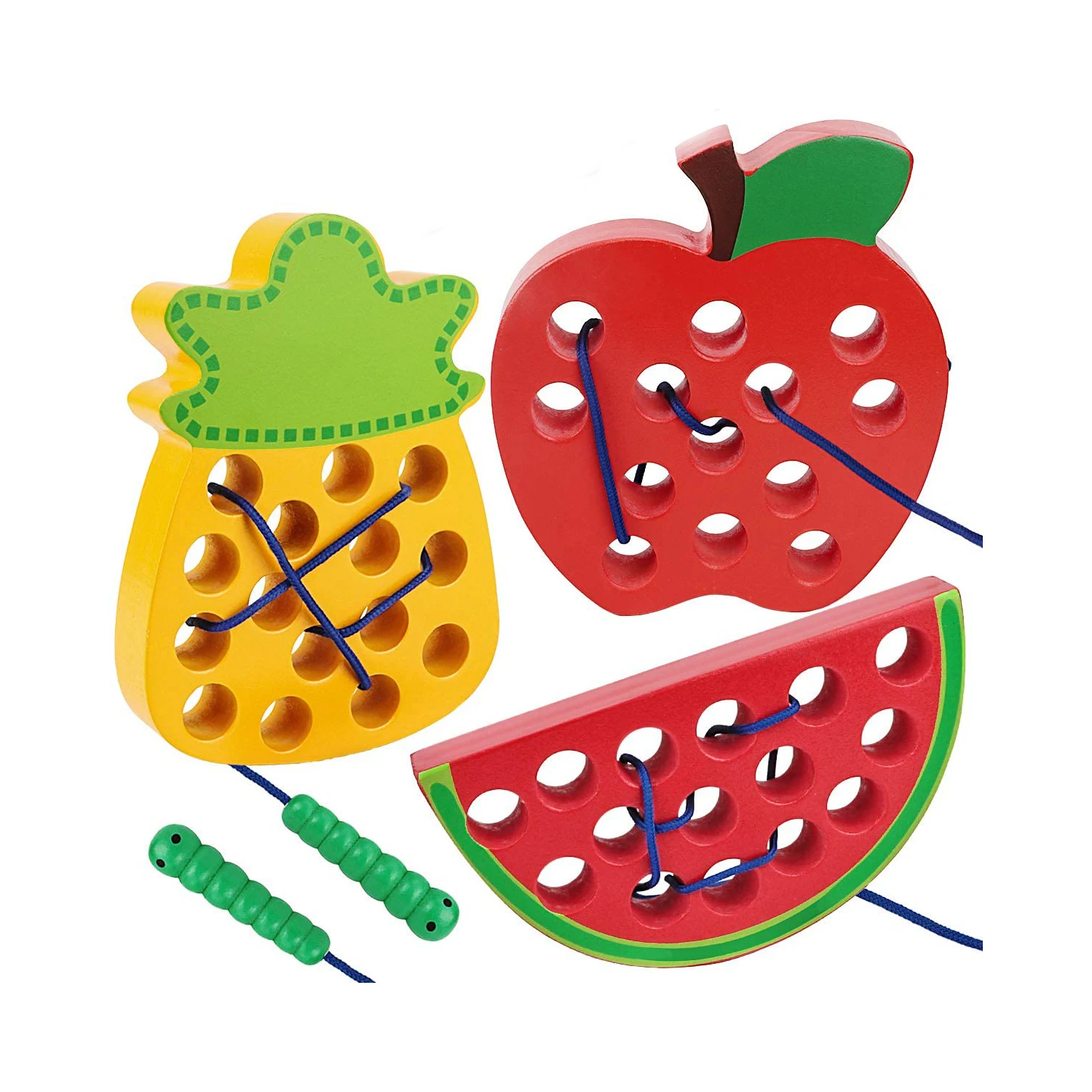 Wooden Lacing Toy Apple Watermelon Pineapple Threading Montessori Travel Educational Learning Fine Motor Skill Toys