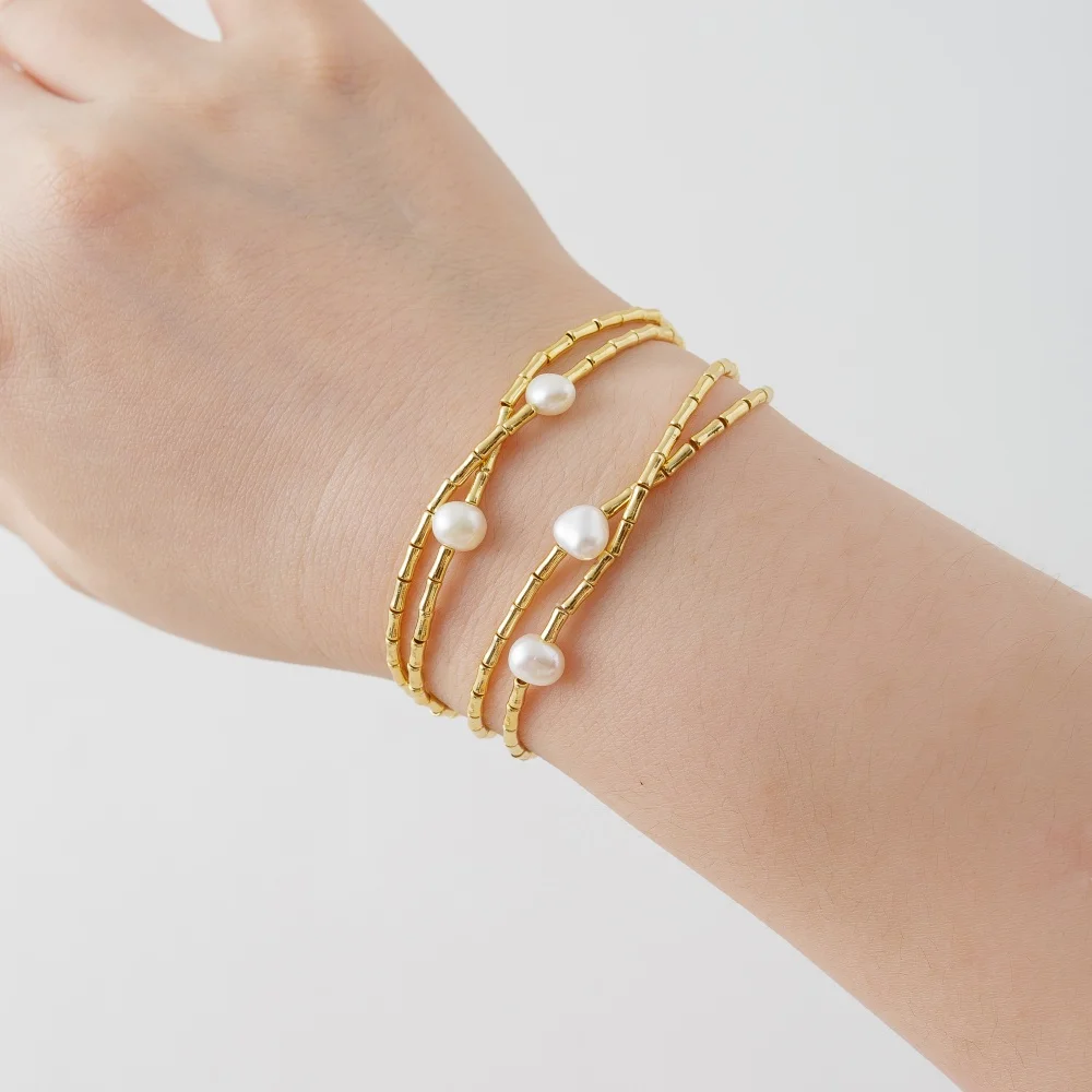 LUCK 18K Gold-plated copper Freshwater pearl Stretch Rope Bracelet waterproof non tarnish wholesale