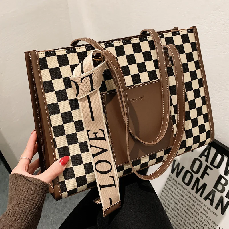 Checkerboard retro commuter autumn and winter canvas shoulder bag women tote bag with pocket