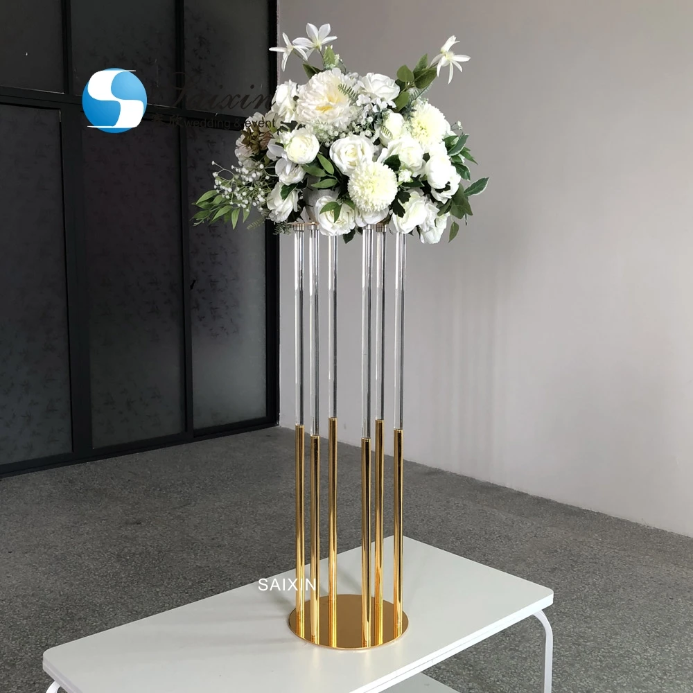 ZT-561 New 6 pole gold with clear crystal flower stand for wedding decor