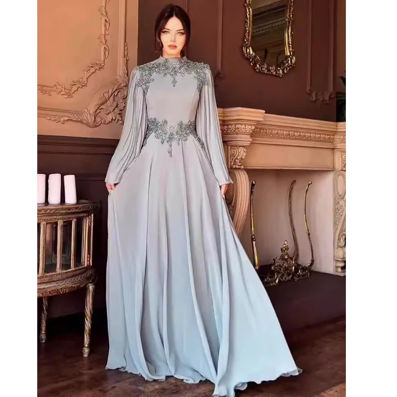 2024 New Fashionable European and American Foreign Trade Dress with Folded Long Sleeve Temperament High Waist Dress for Women