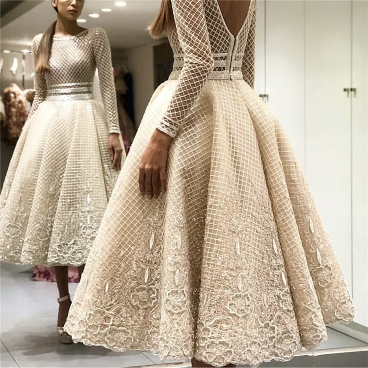 
High quality luxury champagne sequin long sleeve women party gown evening prom dresses 
