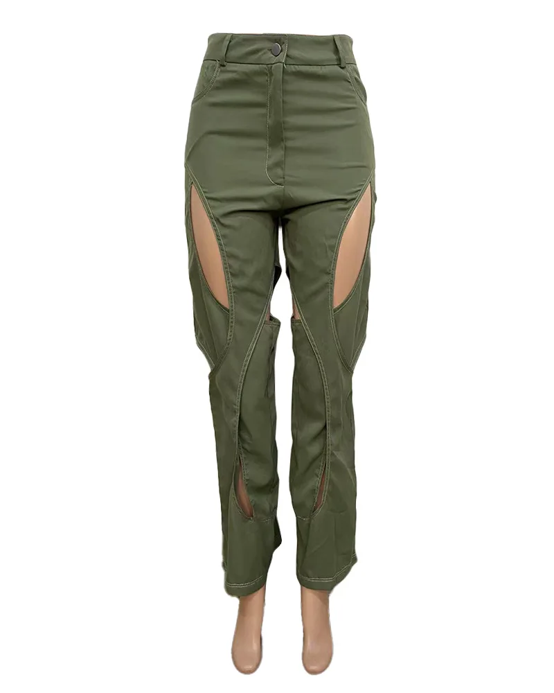 Women Fashion Cargo Pants Long Wide Leg Pants Solid Hollow-out Design High Waist Loose Casual Pants For Ladies