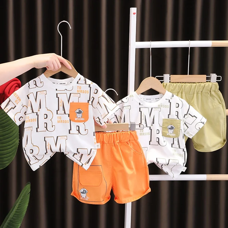 New Arrivals Cute Baby Clothes 2024 Summer Children Clothing Short Sleeve Letter Astronaut Tops Shorts 2Pcs Track Suit For Boys