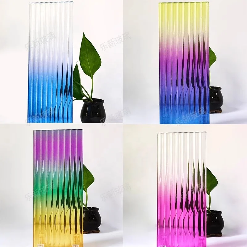 Gradient art glass partition with colored craft curved steel ultra-white laminated hotel bathroom glass.