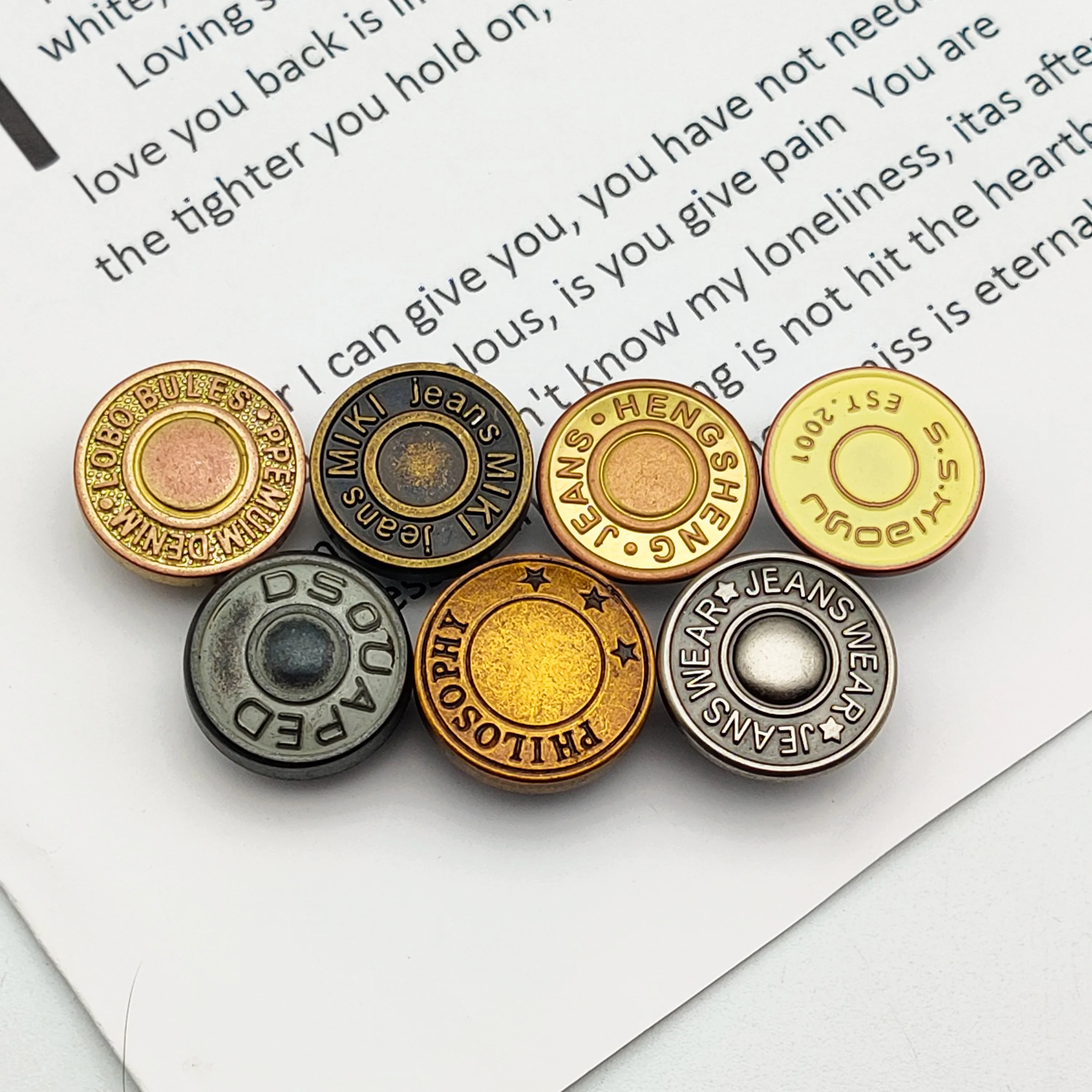 factory custom logo letters engraved brass alloy metal nails denim handle pin jeans buttons and rivets