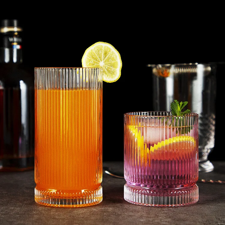 12 Pcs Ribbed Glass Cup Vintage Glassware Clear Cocktail Drinking Glasses Set Highball Glass Ripple Bar Beverages Ice Coffee Cup