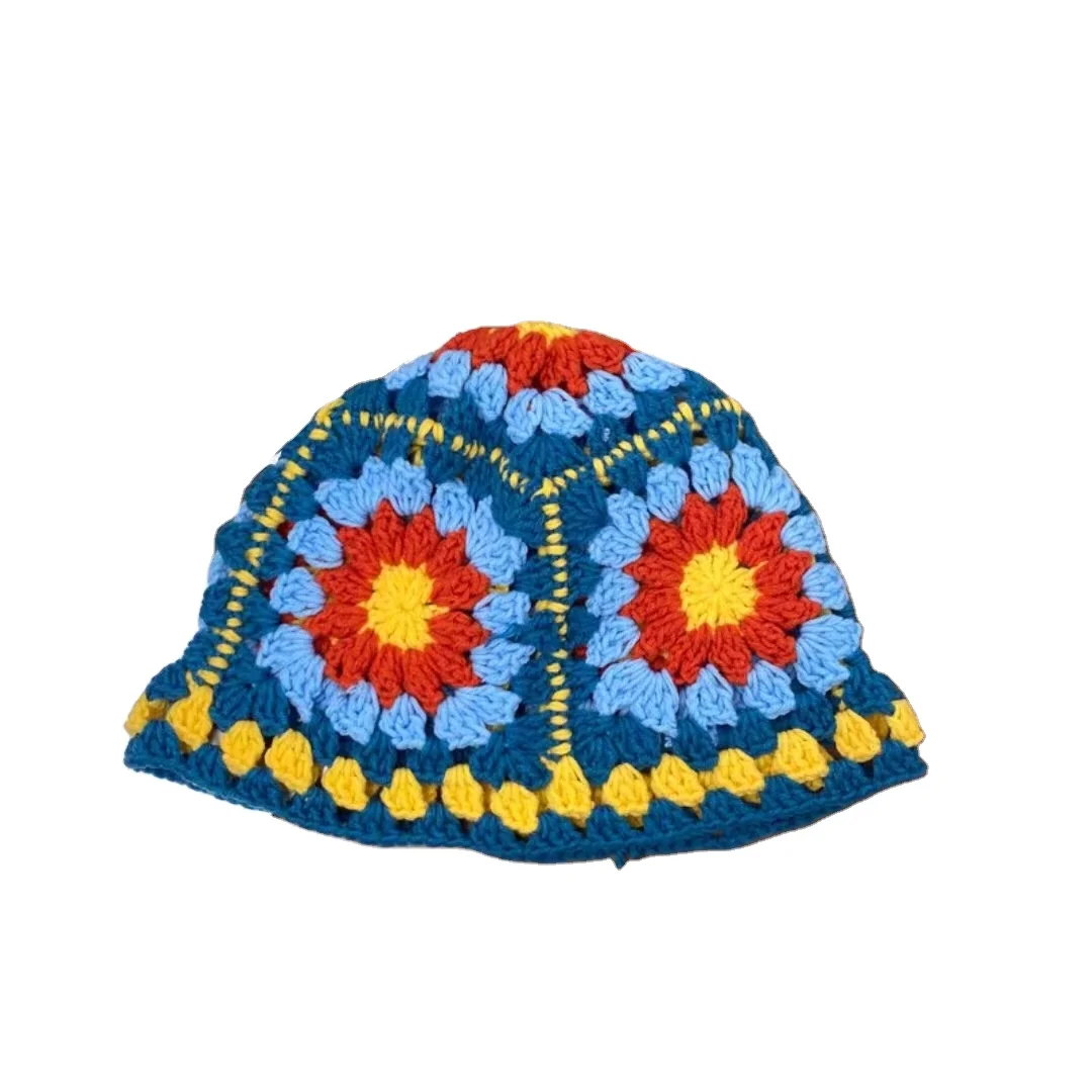 New Design Hand Color Check Flower Knitted Fisherman Hat Cute Ruffle Brimmed Crochet Bucket Hats