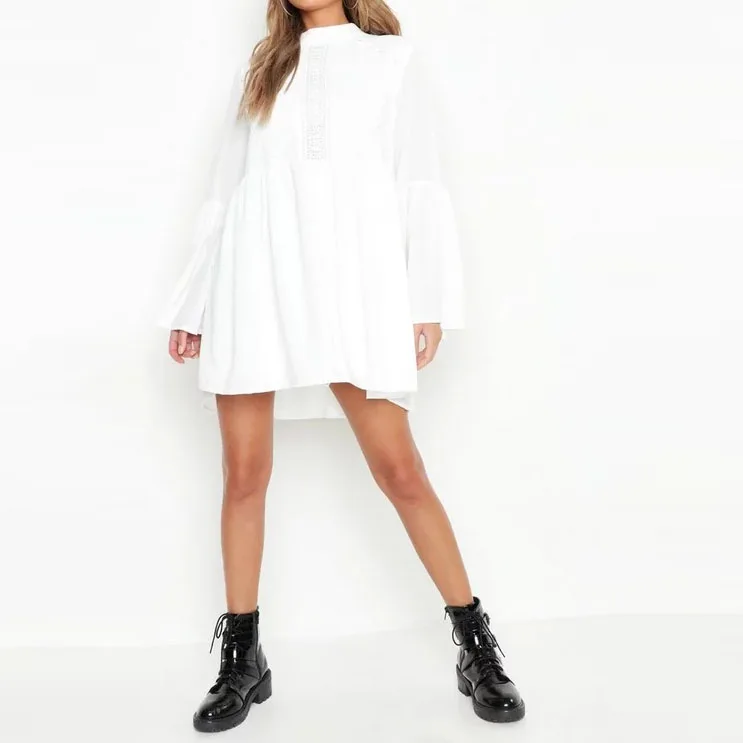 White Boho Cotton Crochet Detail Wide Sleeve Smock Mini Loose Dress Women Casual Dresses Long Sleeve Spring 100% Cotton Full