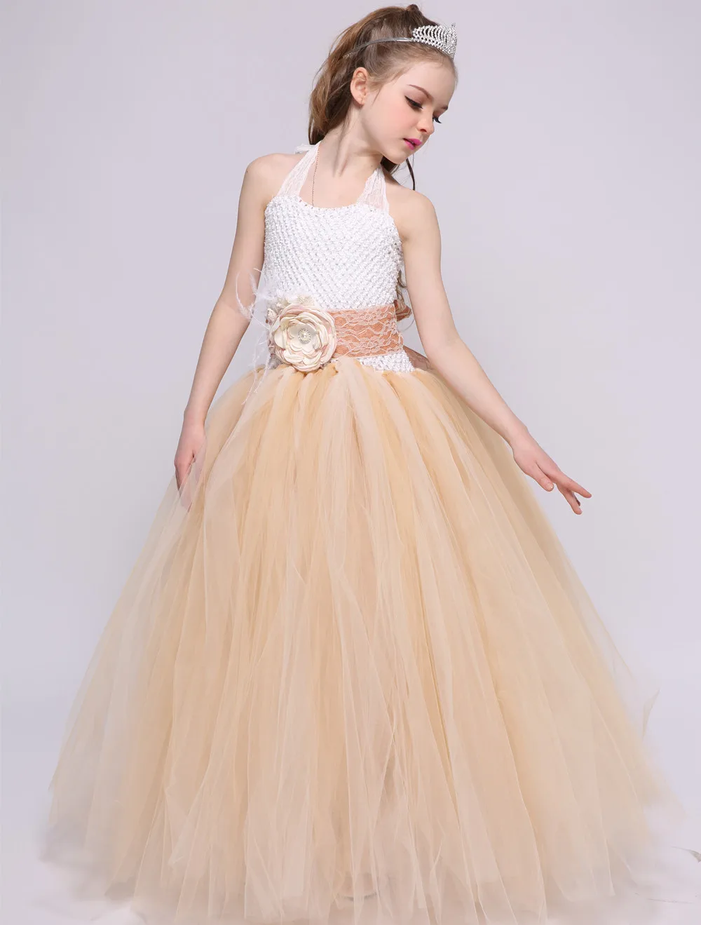 Classic Younger Flower Girl Princess Frock Apricot Long Tulle 12 Years Old Girls vestido de casamento