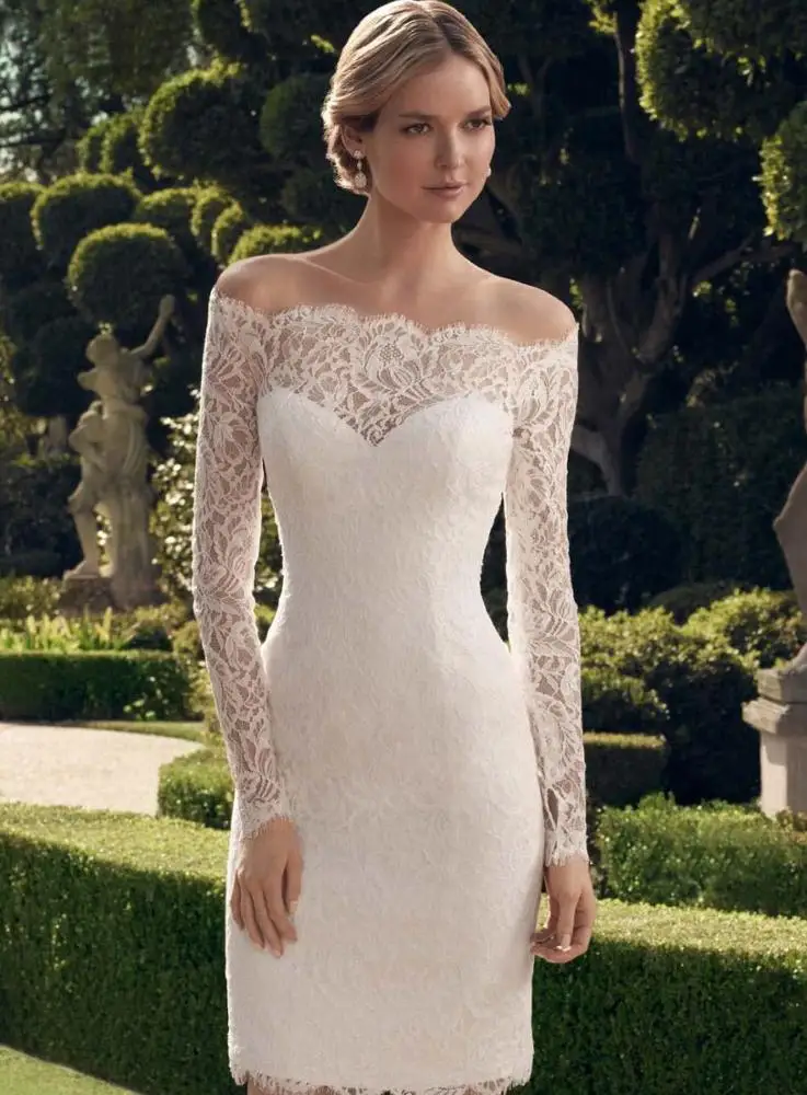 Short open back Princess Bride one word shoulder long sleeve luxurious French fish tail slim wedding dress