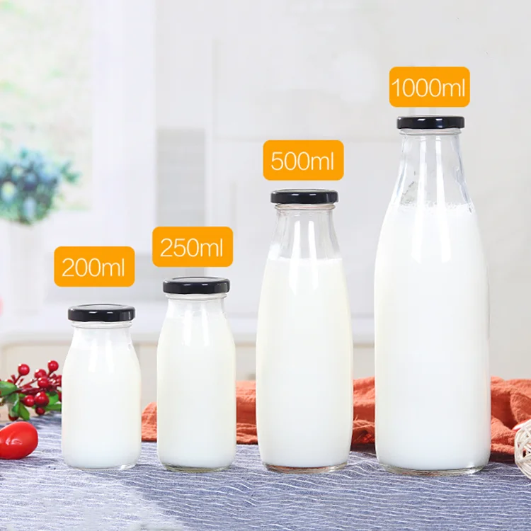200 мл 250 мл 500 мл 1000 мл индивидуальные круглые стеклянные бутылки для молока с металлической крышкой
