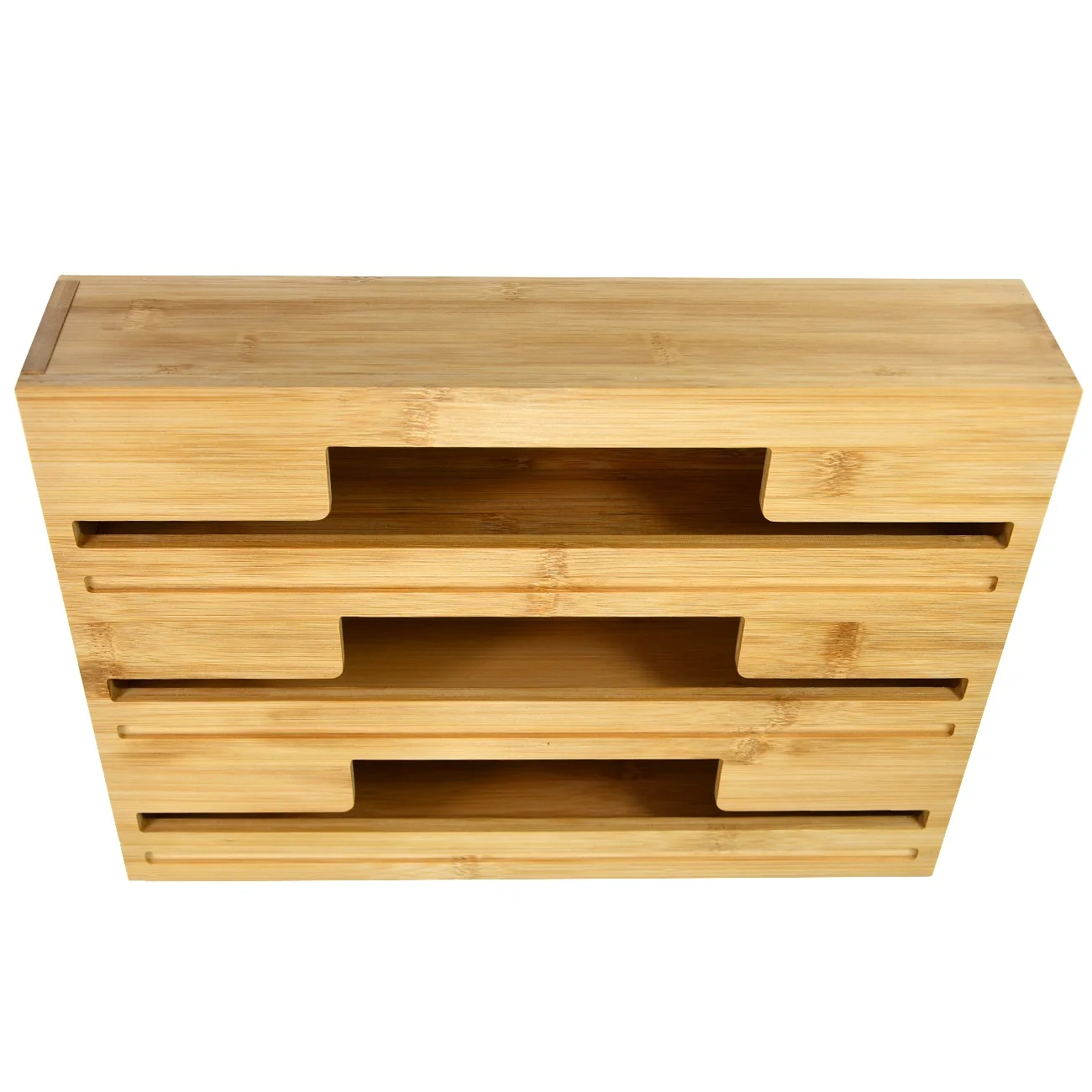 Wood Plastic Wrap Roll Organizer Holder 3 In 1 Bamboo Tin Foil Dispenser with Cutter and Labels Screw for Wall Mounted