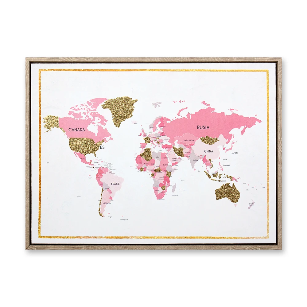 Горячая Распродажа, блестящая золотая пудра, Карта мира, холст, живопись с PS, в рамке, настенная живопись для спальни, домашний
