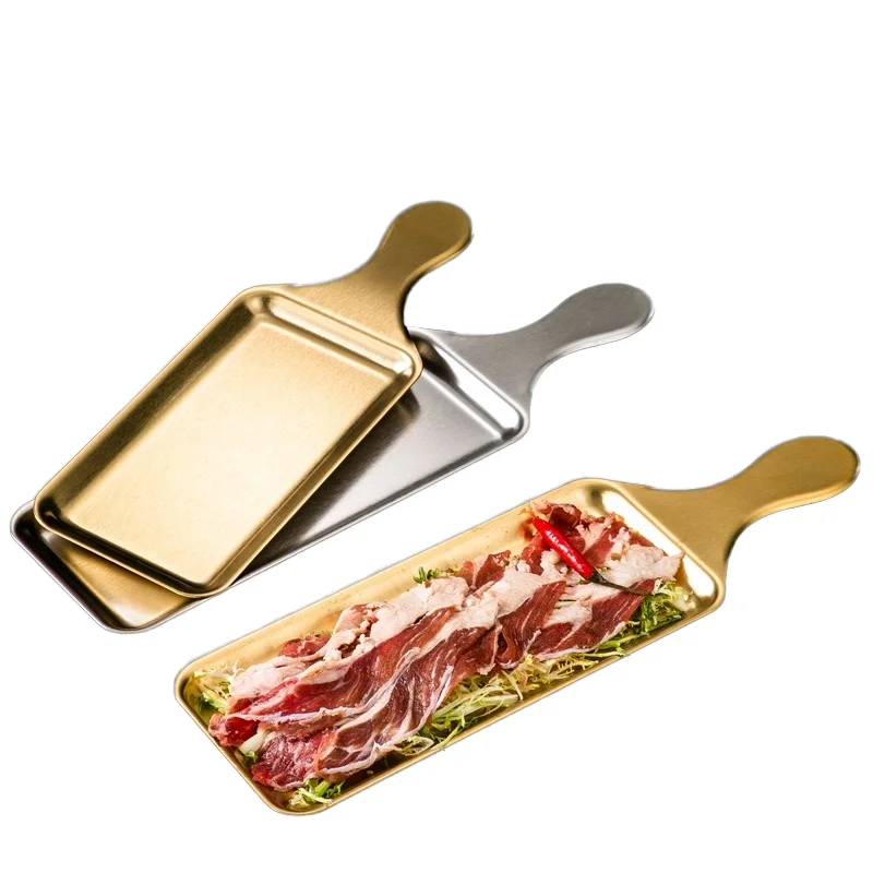 Korean Stainless Steel Western Steak Plate Rectangular Dish Tray with Gold Handle Flats Bottom Barbecue shallow meat food plate
