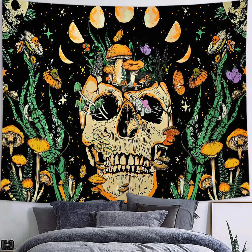 Skull Tapestry Black White Tapestries Snake Moth Trippy Skeleton Tapestry Mandala Moon Phase Wall Hanging Cloth for Room Art