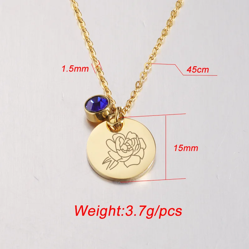 Customized Name Stainless Steel Birth Flower Pendant Necklace 18K Gold Plating 12 Birth Stones Flower Coins Charm Necklace