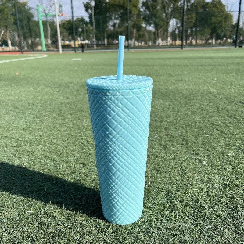 2024 New Multi-color Portable Double Wall Plaid Drink Transparent Diamond Cup With Straw