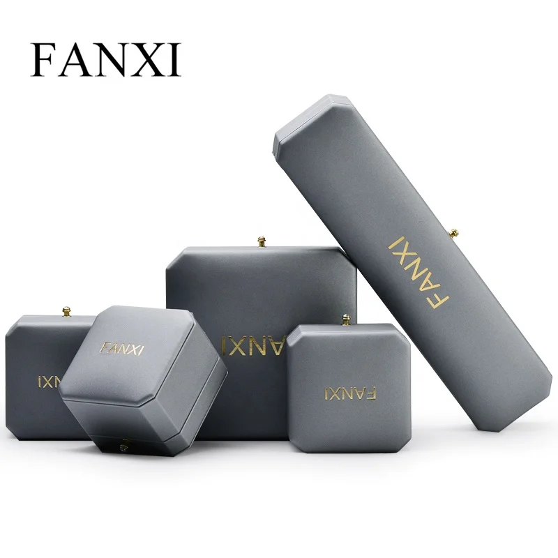 FANXI новинка оптовая продажа восьмиугольная коробка для упаковки ювелирных изделий кольцо ожерелье коробки светло-серая из искусственной кожи