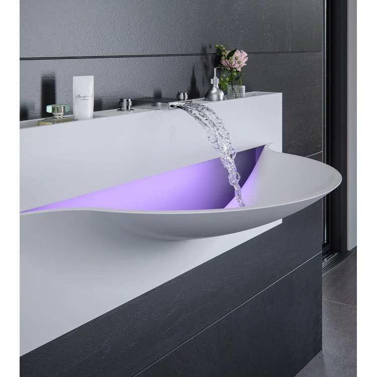 Remote Control Led Natural Stone Bathroom Vanity Luxury Oval Shape Portable Basin Sink Wash Hand