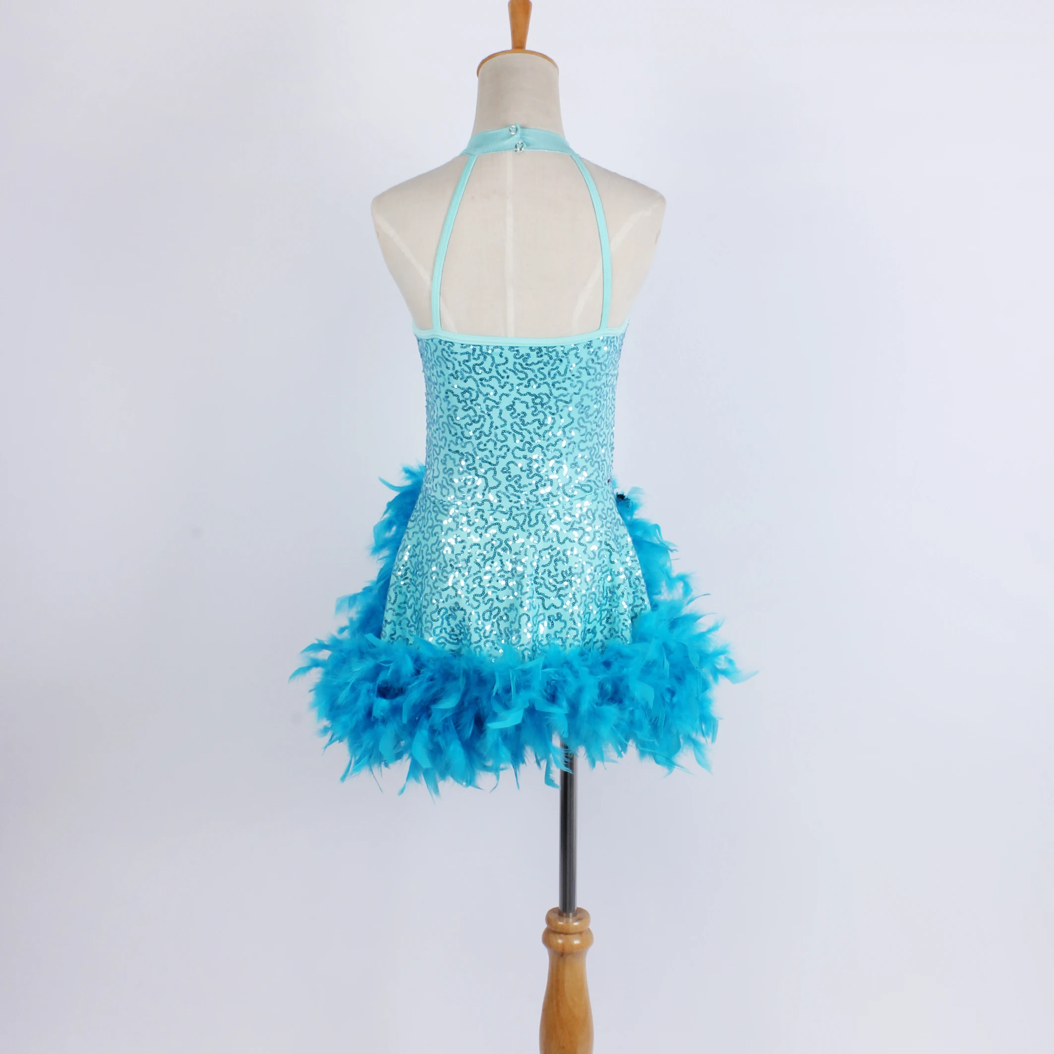 professional Competition shiny latin dress turquoise Sequin Feather performance wear samba dance costume