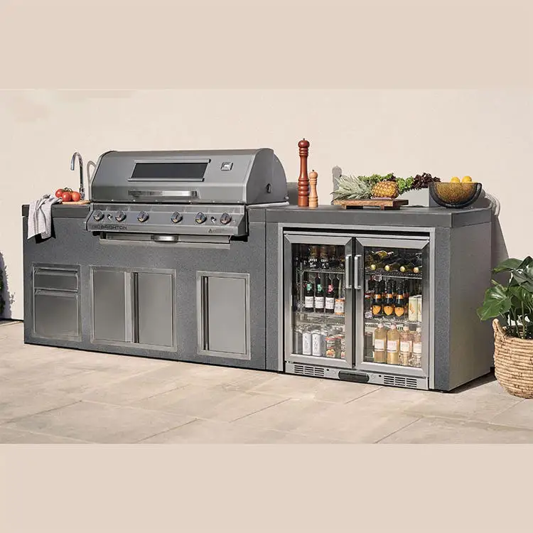 Modular 304 Stainless Steel BBQ Manufacturer Storage Free Standing Outdoor Kitchen Cabinet with Gas Grill and Sink and Fridge