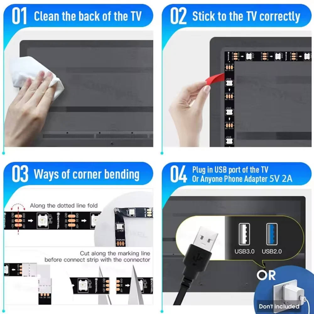 Smart LED 3M 5050 DC5V IP20 Flexible RGB TV Backlight kit USB led Strip Light with 24 Key IR Remote Controller