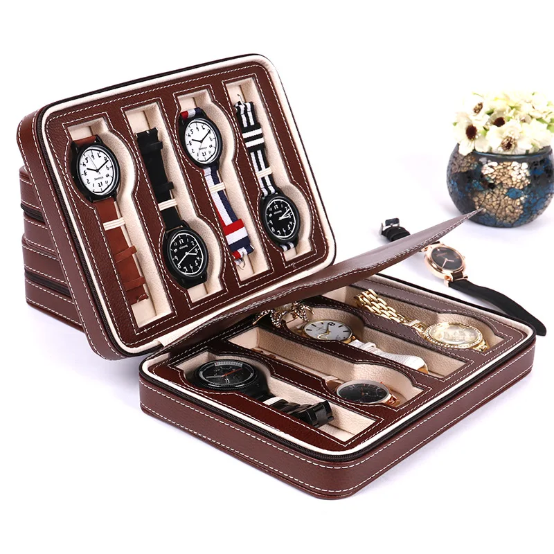 8 Slots  custom black luxury pu leather watch storage display bag