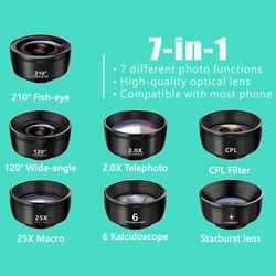 7 in 1 Phone Lens Mobile Camera Accessories Smartphone Lenses External Wide Angle Macro Fisheye Zoom Lens kit