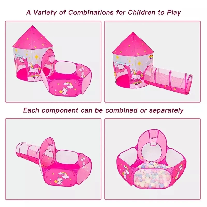 Pop Up Children Camping Tent  Custom Large Princess Castle 3 In 1 Combination Crawl Tunnel Kids Play Tent Set