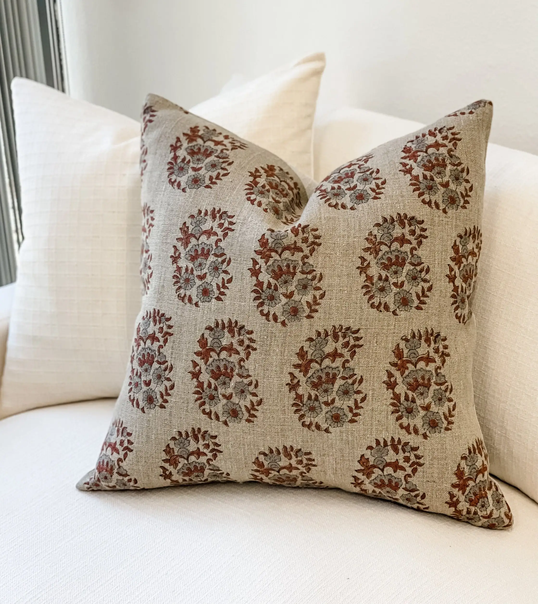 Custom Floral Rust Saffron with Blue Grey on Natural Linen Pillow Cover Manikarnika Block Print 100% Cotton Cushion Covers/
