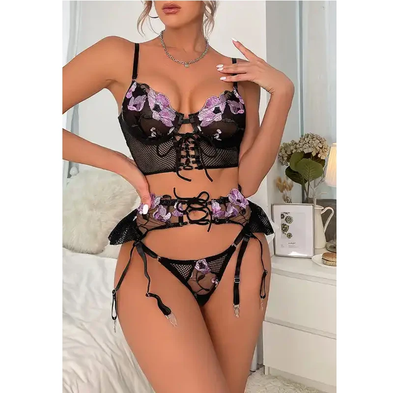 2024 New Erotic Bandage Transparent Bra Underwear Fashion Ruffled Garters Fantasy Thong Sexy Lingerie Sets