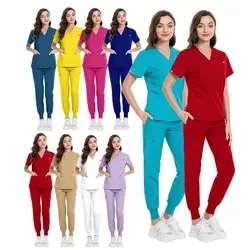 Excellent Quality Fashion Stretch Fabric Unisex Womens Men Khaki White Red Pink Blue Nurse Scrub Uniform Sets Spa Uniform