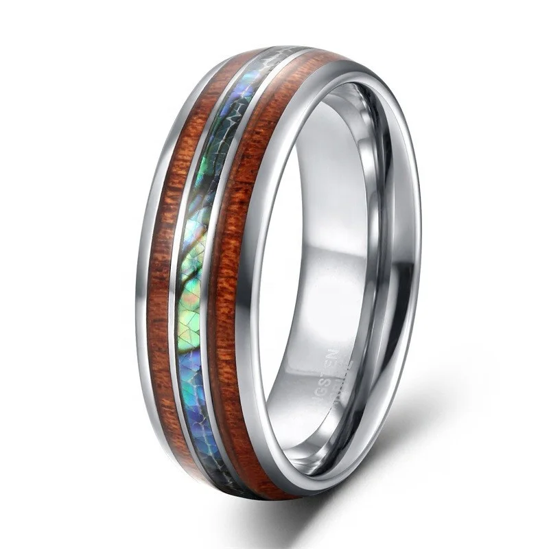 POYA Black Domed Wedding Band 8mm Mens Crushed Fire Opal Abalone Shell Koa Wood Inlay Tungsten Ring