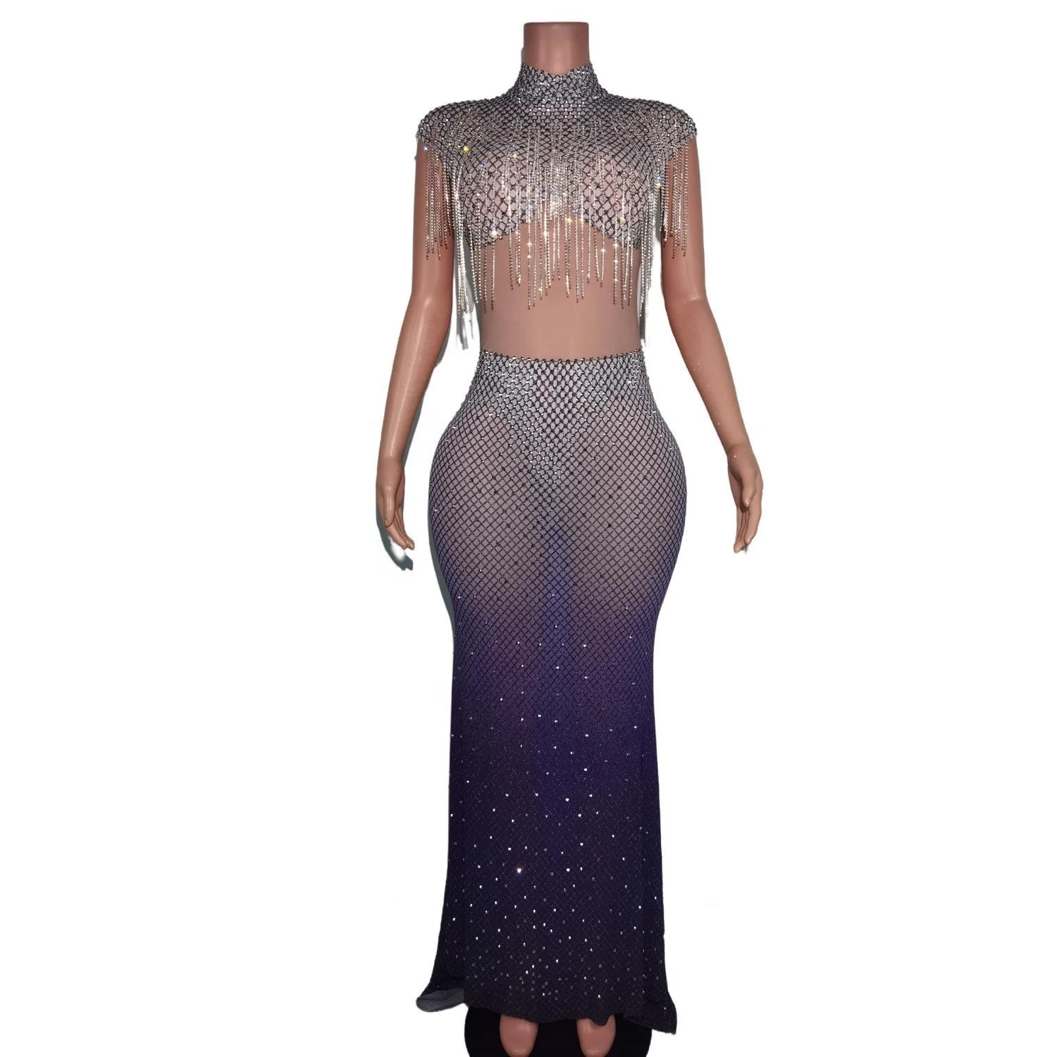 Elegant Crystal Tassel Birthday Party Celebration Long Dress Plus Size Ladies Graduation Prom Dress Women Formal Evening Dress
