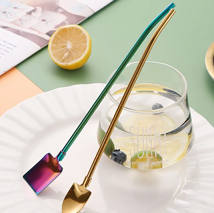304 stainless steel straw spoon New creative straw spade dual-purpose coffee stirring spoon Threaded straw spoon